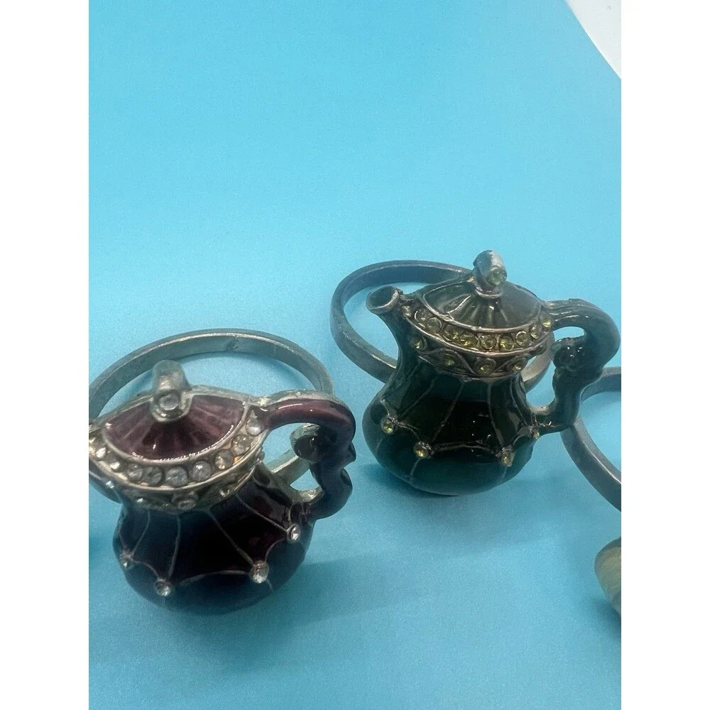4 Vintage pewter Enamel & Rhinestone Teapot Napkin Ring Holders tea decor table